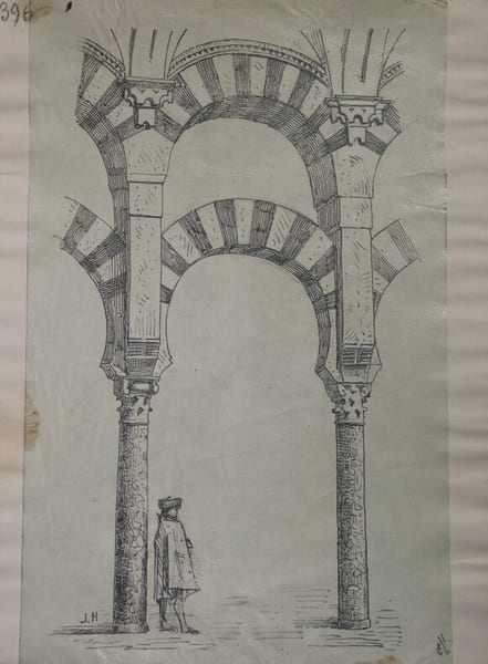 Arcades doubles superpos&eacute;es de la mosqu&eacute;e de Cordoue – Dessin original sign&eacute;, encre vers 1930. Louis Henri Laffill&eacute;e