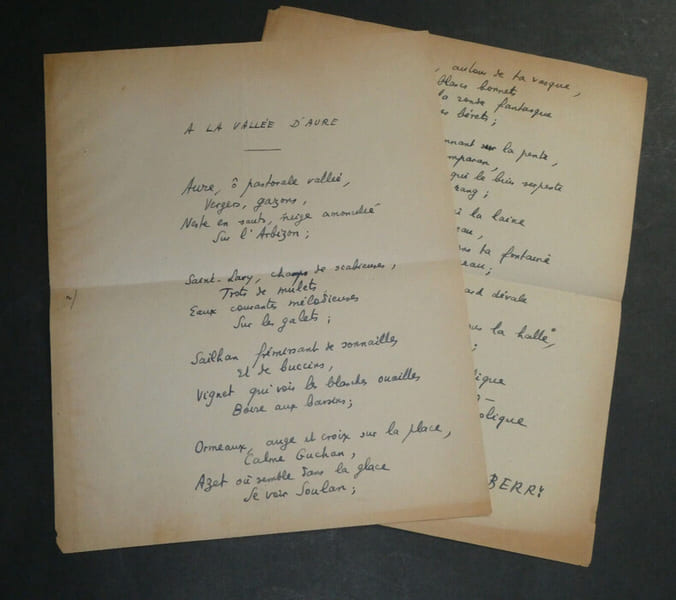 Andr&eacute; BERRY - PO&Egrave;ME AUTOGRAPHE SIGN&Eacute; - "&Agrave; LA VALL&Eacute;E D'AURE" - 2 pages. Andr&eacute; BERRY