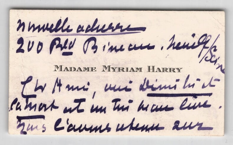 Carte autographe paraph&eacute;e de Myriam Harry &agrave; un ami, &eacute;voquant la litt&eacute;rature. Myriam Harry