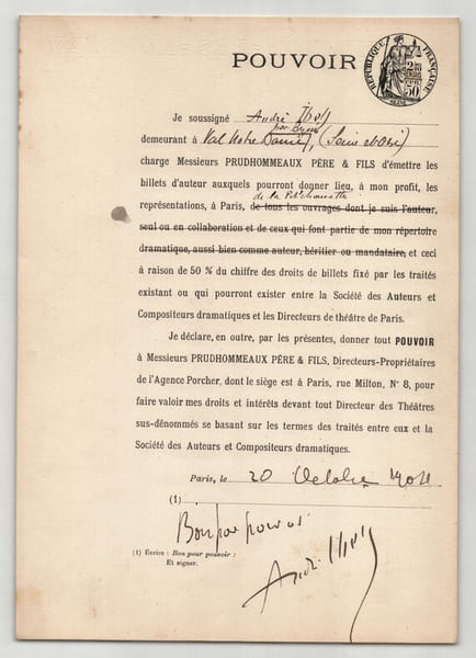 Pouvoir sign&eacute; par Andr&eacute; Ibels – Collection coh&eacute;rente de 50 auteurs & musiciens. Andr&eacute; Ibels