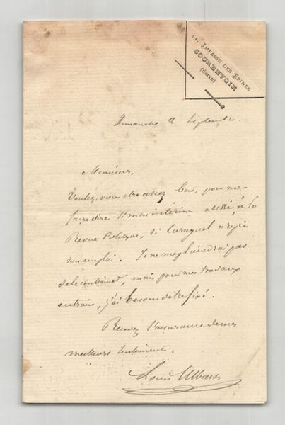 Louis Ulbach – Lettre autographe sign&eacute;e. Louis Ulbach
