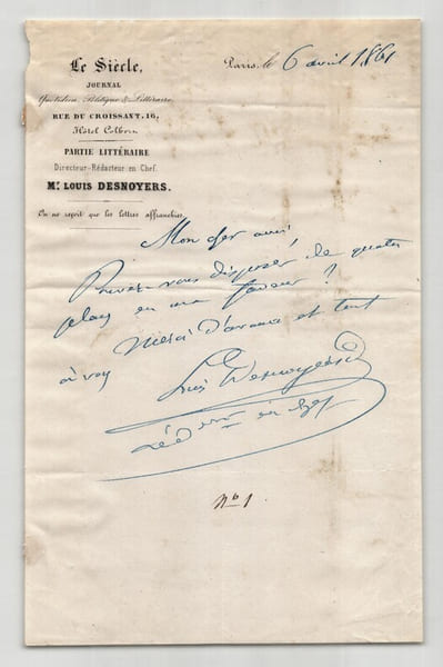 Louis Desnoyers - Lettre autographe sign&eacute;e - 1861. Louis Desnoyers