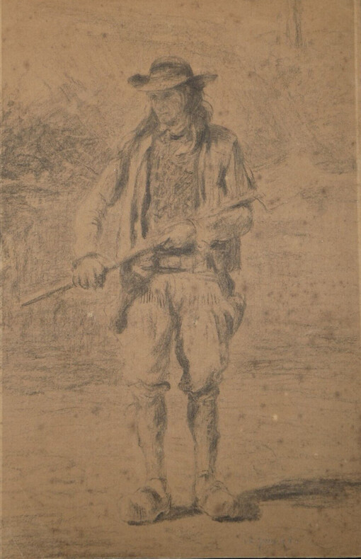 Dessin original au crayon - Homme rural tenant une b&ecirc;che, XIXe si&egrave;cle. Anonyme