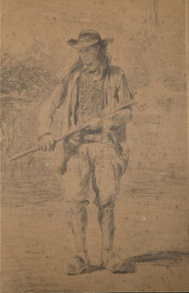 Dessin original au crayon - Homme rural tenant une b&ecirc;che, XIXe si&egrave;cle. Anonyme