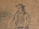Dessin original au crayon - Homme rural tenant une b&ecirc;che, XIXe si&egrave;cle. Anonyme