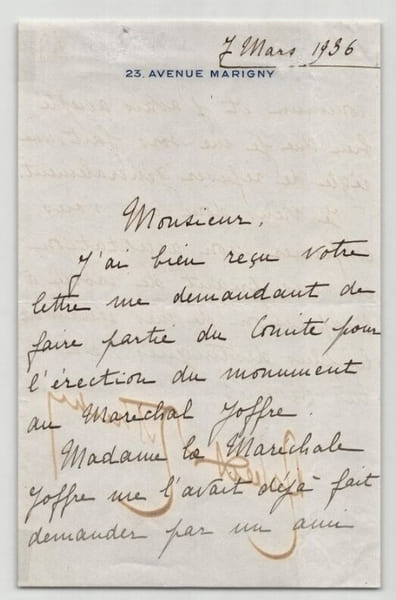Robert de Rothschild - Lettre autographe sign&eacute;e Monument au Mar&eacute;chal Joffre 1936. Robert de Rothschild