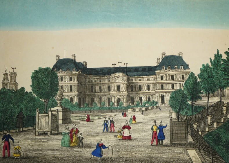 Vue d'optique - Gravure rehauss&eacute;e - Vue du Palais du Luxembourg prise du jardin &agrave; Paris. Basset