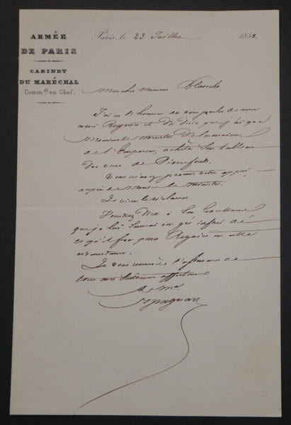 Bernard Pierre MAGNAN, Mar&eacute;chal - LETTRE AUTOGRAPHE SIGN&Eacute;E A Mr BLANCHE 1852. Bernard Pierre MAGNAN