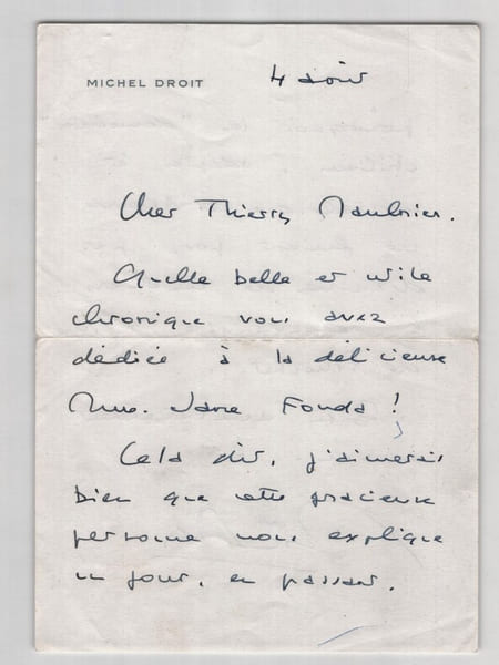 Michel Droit - Lettre autographe sign&eacute;e &agrave; Thierry Maulnier- 1973. Michel Droit