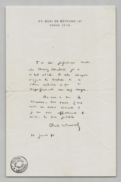 Claude Mauriac - Lettre autographe sign&eacute;e &agrave; Thierry Maulnier - Hommage - 1971. Claude Mauriac