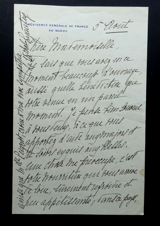 EPOUSE DU MARECHAL Hubert LYAUTEY - LETTRE AUTOGRAPHE SIGN&Eacute;E, INFIRMERIE 1925. &Eacute;pouse du Mar&eacute;chal Hubert LYAUTEY (In&egrave;s de Bourgoing)