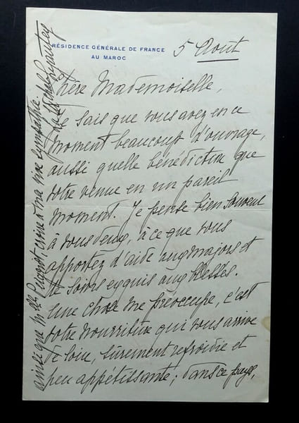 EPOUSE DU MARECHAL Hubert LYAUTEY - LETTRE AUTOGRAPHE SIGN&Eacute;E, INFIRMERIE 1925. &Eacute;pouse du Mar&eacute;chal Hubert LYAUTEY (In&egrave;s de Bourgoing)