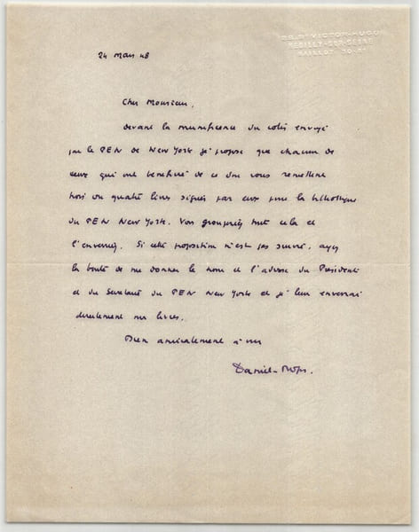 Daniel-Rops - Lettre autographe sign&eacute;e - le PEN Club New York - 1948. Henry Petiot, dit Daniel-Rops