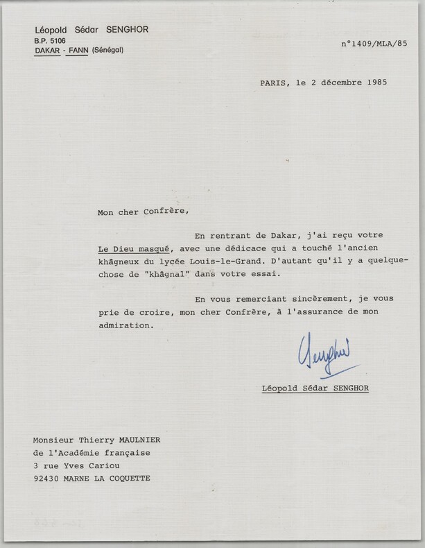 L&eacute;opold S&eacute;dar Senghor - Lettre dactylographi&eacute;e sign&eacute;e &agrave; Thierry Maulnier - 1985. L&eacute;opold S&eacute;dar Senghor