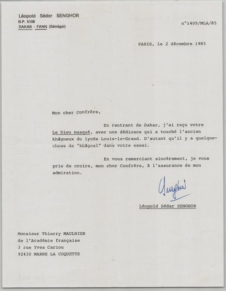 L&eacute;opold S&eacute;dar Senghor - Lettre dactylographi&eacute;e sign&eacute;e &agrave; Thierry Maulnier - 1985. L&eacute;opold S&eacute;dar Senghor
