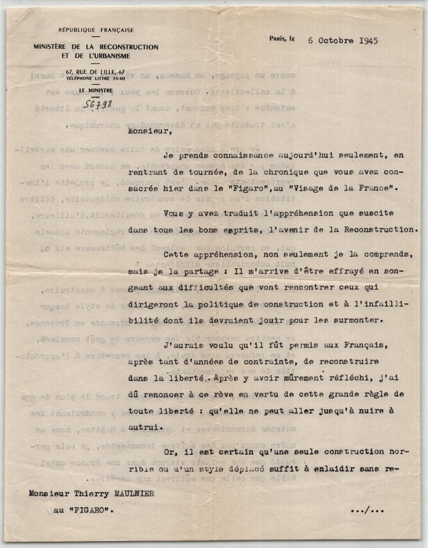 Raoul Dautry. Lettre dactylographi&eacute;e sign&eacute;e &agrave; Thierry Maulnier, Reconstruction de la France et permis de construire, 1945. Raoul Dautry