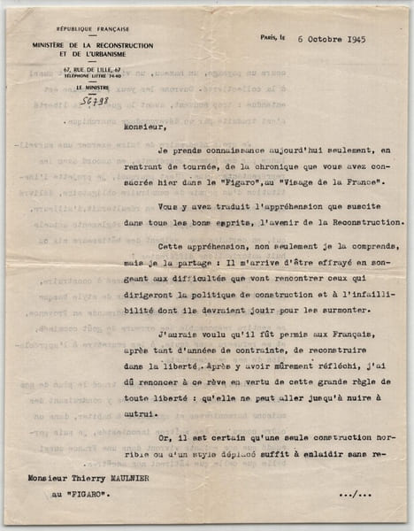 Raoul Dautry. Lettre dactylographi&eacute;e sign&eacute;e &agrave; Thierry Maulnier, Reconstruction de la France et permis de construire, 1945. Raoul Dautry