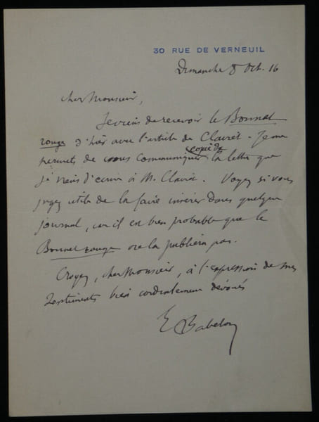 Ernest BABELON - Lettre autographe sign&eacute;e publication P&eacute;riodique "Bonnet Rouge". Ernest Babelon