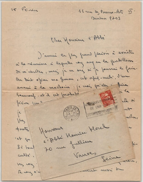 Marcel Brion - Lettre autographe sign&eacute;e &agrave; l'Abb&eacute; Morel - 2 pages - Paris, 1949. Marcel Brion