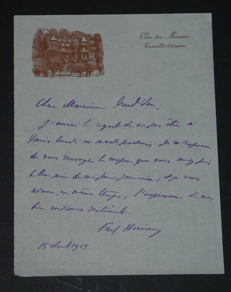 Paul HERVIEU - Lettre autographe sign&eacute;e, dat&eacute;e du 15 ao&ucirc;t 1913. Paul HERVIEU