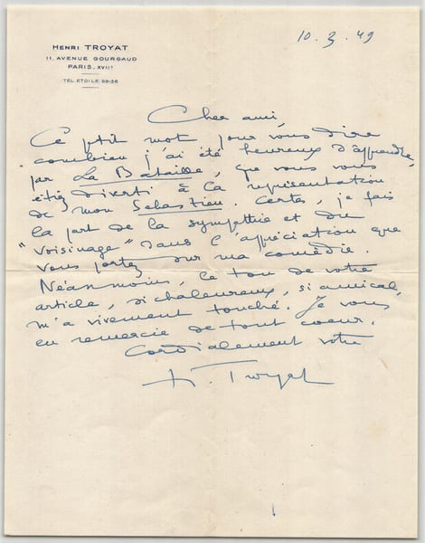 Henri Troyat - Lettre autographe sign&eacute;e &agrave; un ami - 1949. Henri Troyat