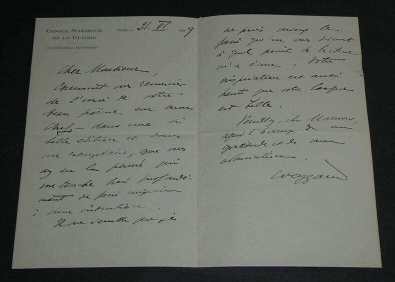 Le G&eacute;n&eacute;ral Weygand - Lettre autographe sign&eacute;e &agrave; Armand Godoy - Foch - 1929. G&eacute;n&eacute;ral Maxime Weygand