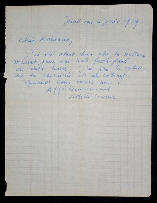 Violette LEDUC - LETTRE AUTOGRAPHE SIGN&Eacute;E &Agrave; Adriana SALEM, 1959. Violette LEDUC