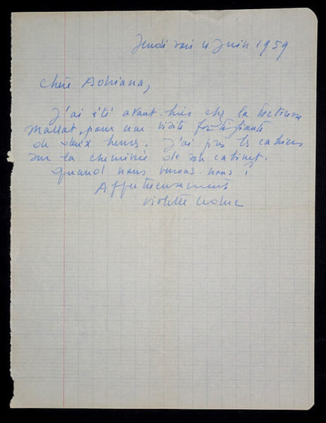 Violette LEDUC - LETTRE AUTOGRAPHE SIGN&Eacute;E &Agrave; Adriana SALEM, 1959. Violette LEDUC