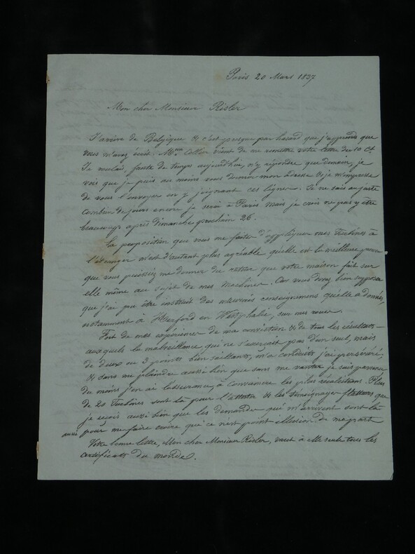 Beno&icirc;t Fourneyron - Lettre autographe sign&eacute;e - Turbines & Cockerill - Paris 1837. Beno&icirc;t Fourneyron