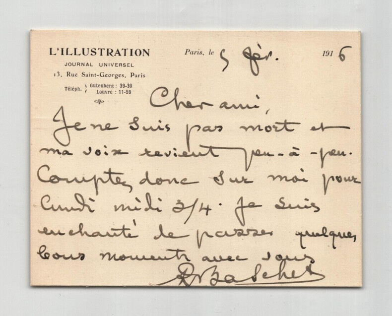 Ren&eacute; Baschet - Carte lettre autographe sign&eacute;e le 5 f&eacute;vrier 1916. Ren&eacute; Baschet