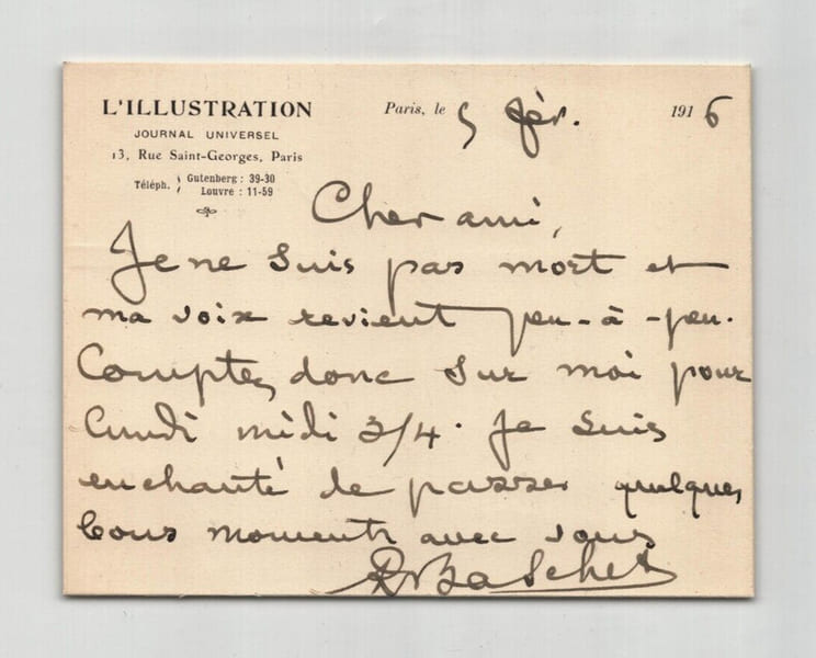 Ren&eacute; Baschet - Carte lettre autographe sign&eacute;e le 5 f&eacute;vrier 1916. Ren&eacute; Baschet