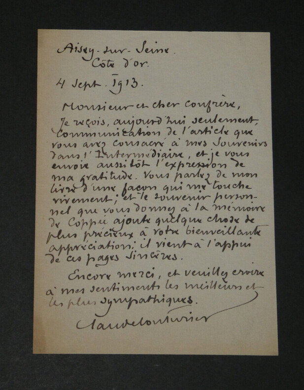 Claude Couturier - Lettre autographe sign&eacute;e - Fran&ccedil;ois Copp&eacute;e - 1913. Claude Couturier