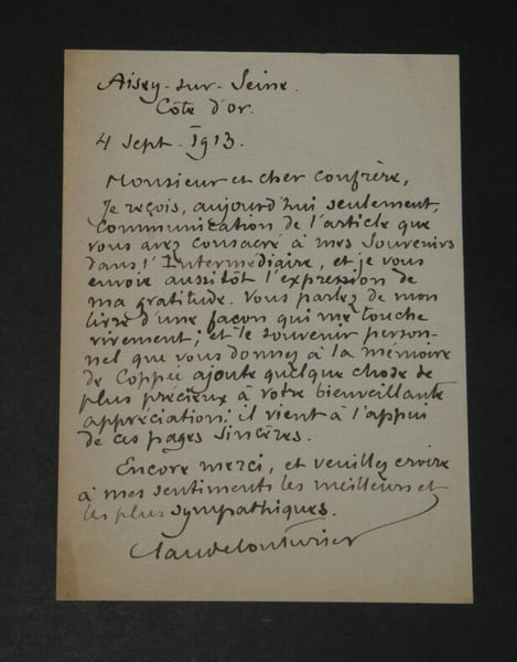 Claude Couturier - Lettre autographe sign&eacute;e - Fran&ccedil;ois Copp&eacute;e - 1913. Claude Couturier