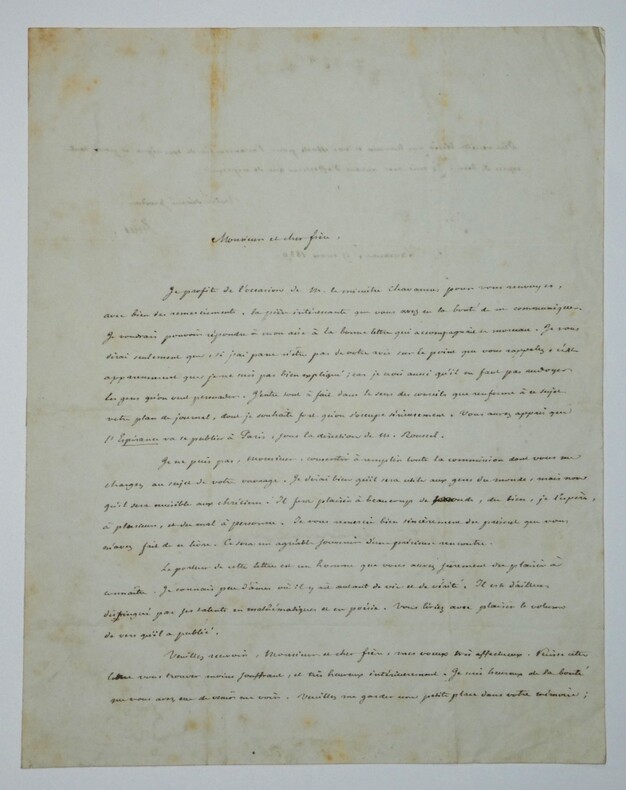 Alexandre Vinet - Lettre autographe sign&eacute;e - Journal L'Esp&eacute;rance Lausanne - 1839. Alexandre Vinet