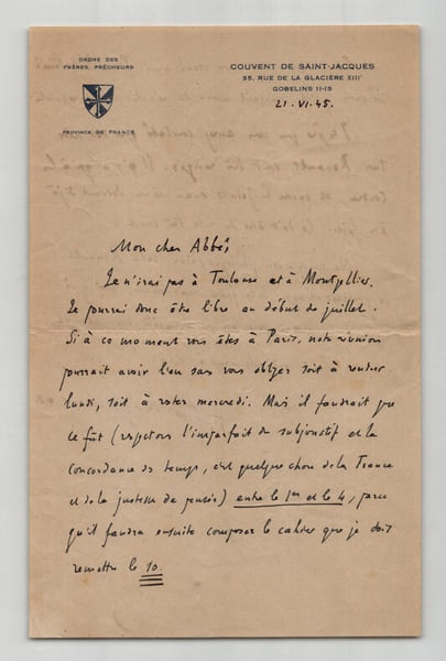Pie Raymond R&eacute;gamey - Lettre autographe sign&eacute;e &agrave; l'Abb&eacute; Morel, 1945 - Rouault Art Sacr&eacute;. Pie Raymond R&eacute;gamey