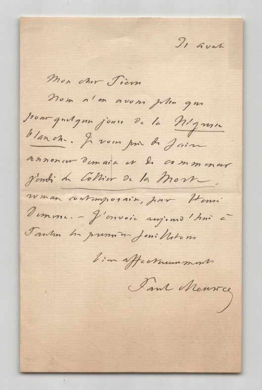 Paul Meurice - Lettre autographe sign&eacute;e - Henri Demesse - Presse & Litt&eacute;rature. Paul Meurice