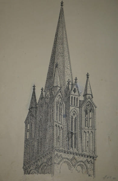 Clocher de l'&eacute;glise Saint-Etienne &agrave; Caen - Dessin original sign&eacute; - Abbaye aux Hommes. Louis Henri Laffill&eacute;e