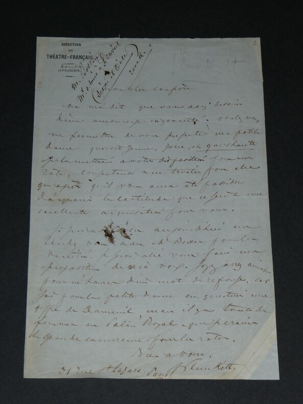 Francis de Plunkett - LETTRE AUTOGRAPHE SIGN&Eacute;E, placement actrice ing&eacute;nue jeune. Francis de Plunkett