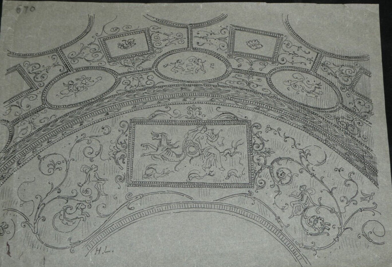 D&eacute;coration en stuc d'une vo&ucirc;te dans une tombe de la voie latine, hors de Rome — Dessin original sign&eacute;. Louis Henri Laffill&eacute;e