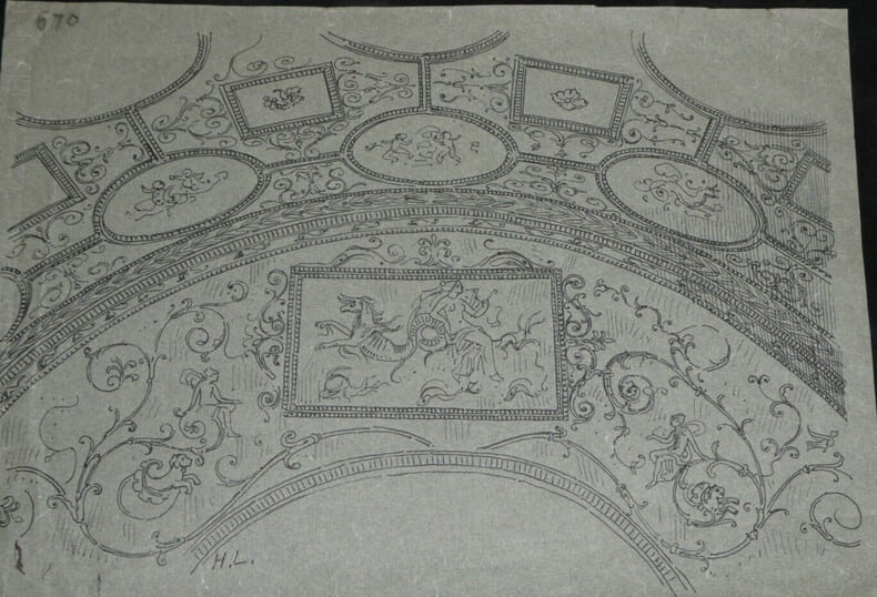 D&eacute;coration en stuc d'une vo&ucirc;te dans une tombe de la voie latine, hors de Rome — Dessin original sign&eacute;. Louis Henri Laffill&eacute;e