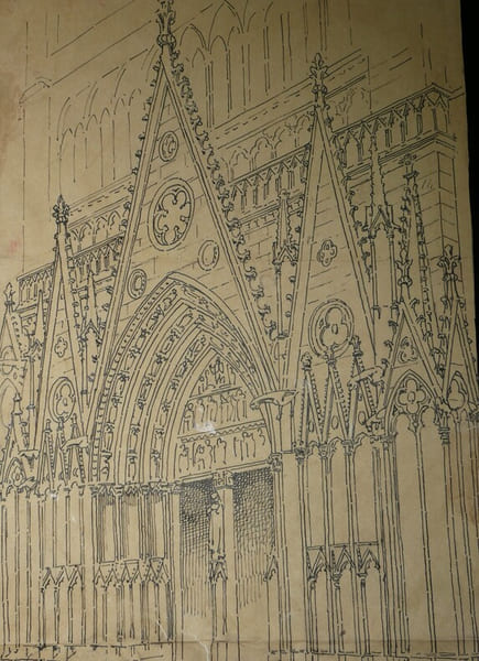 Portail nord de Notre-Dame de Paris - Dessin original sign&eacute;. Louis Henri Laffill&eacute;e