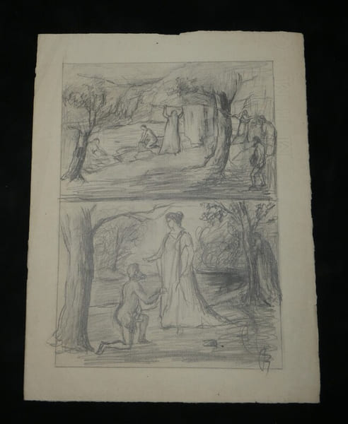 Dessin original au crayon - Sc&egrave;nes pastorales avec personnages, XIX &egrave;me.. Anonyme