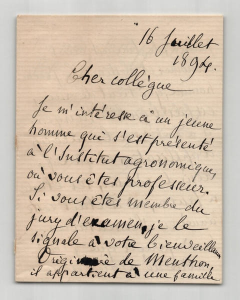 Georges Perrot Lettre autographe sign&eacute;e Recommandation Institut agronomique 1894. Georges Perrot