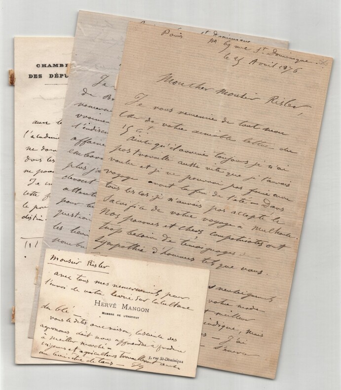 Herv&eacute; Mangon - 3 lettres et 1 carte de visite autographes sign&eacute;es &agrave; Risler 1876. Herv&eacute; Mangon