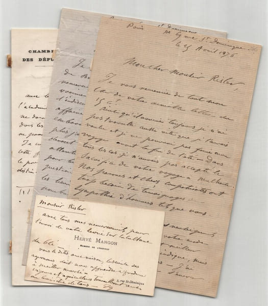 Herv&eacute; Mangon - 3 lettres et 1 carte de visite autographes sign&eacute;es &agrave; Risler 1876. Herv&eacute; Mangon