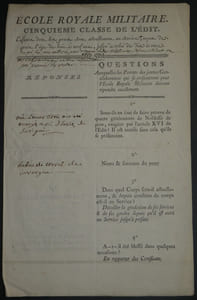 Bulletin d'inscription - École Royale Militaire Cinquième classe de l'édit