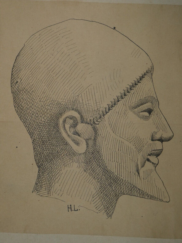 T&ecirc;te d'homme du VIe si&egrave;cle. Dessin original sign&eacute; des initiales de Louis Henri Laffill&eacute;e, r&eacute;alis&eacute; &agrave; l'encre vers 1930. Louis Henri Laffill&eacute;e