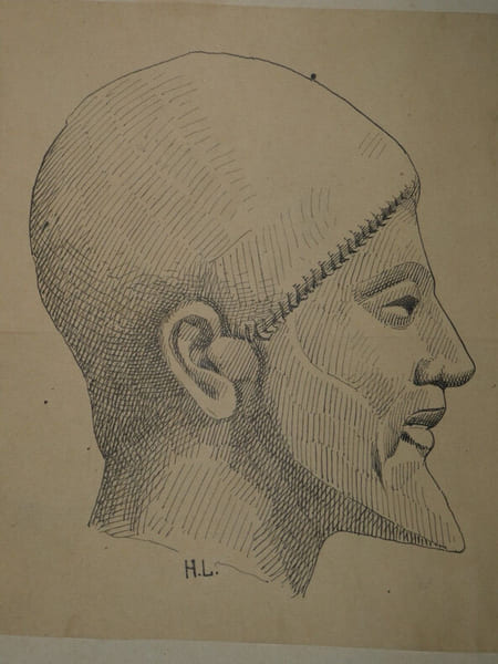 T&ecirc;te d'homme du VIe si&egrave;cle. Dessin original sign&eacute; des initiales de Louis Henri Laffill&eacute;e, r&eacute;alis&eacute; &agrave; l'encre vers 1930. Louis Henri Laffill&eacute;e