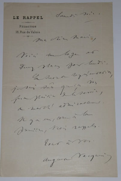 LETTRE AUTOGRAPHE SIGN&Eacute;E, LE RAPPEL, REDACTION. Auguste Vacquerie