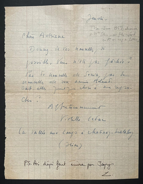 Violette LEDUC, Auteure - LETTRE AUTOGRAPHE SIGN&Eacute;E A Adriana SALEM. Violette LEDUC